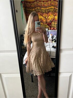 Neutral Lace Midi Dress with Cap Sleeves